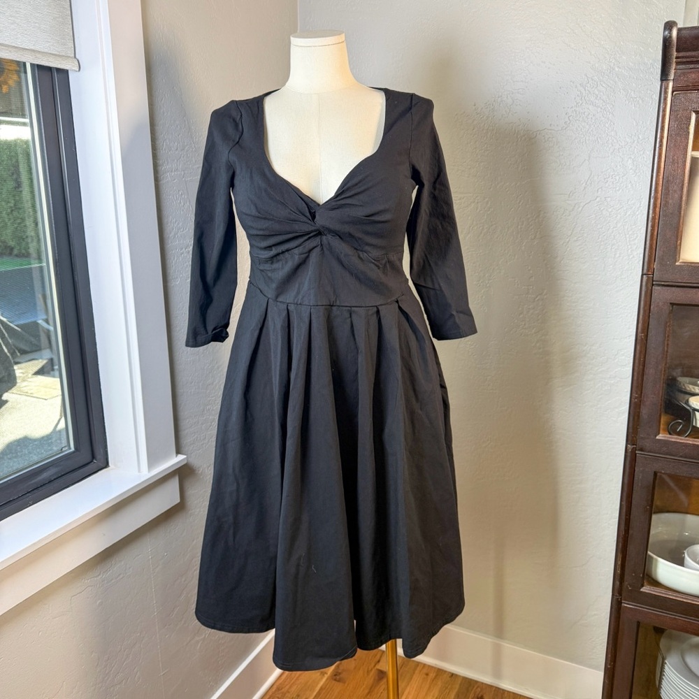 Unique Vintage Black Fit & Flare Midi Dress Twist Bust 3/4 Sleeve Size XL